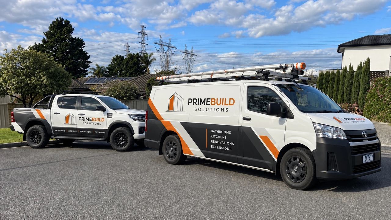 PrimeBuild Solutions branded van and ute parked on a Melbourne street